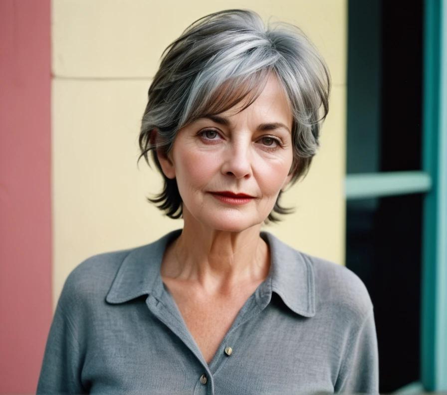 A woman in her 50s with a tousled, piecey gray pixie cut, embracing her natural color with a chic, casual style.