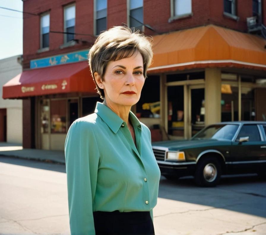 A woman in her 50s with a voluminous pixie cut, adding height and fullness for a striking look.