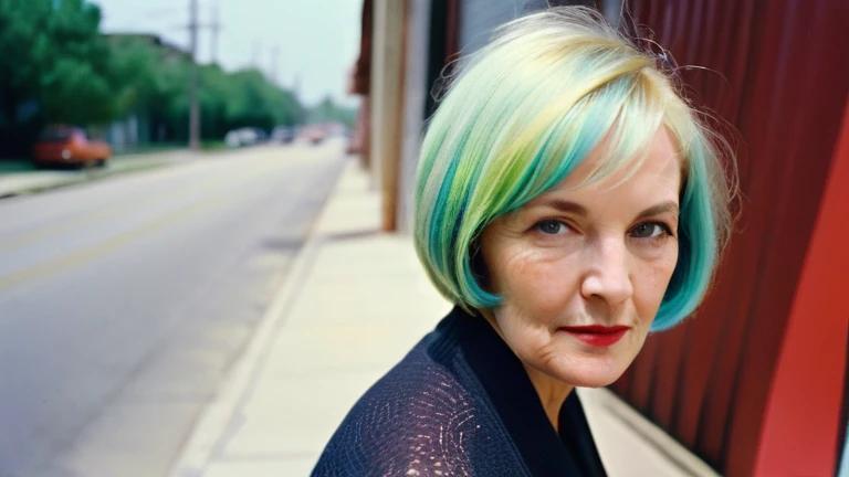 A woman in her 60s with a unique mix of a pixie and bob haircut, offering a longer length.