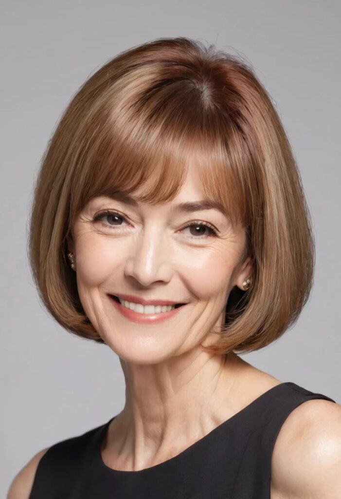 A woman over 50 with a classic bob and side bang, showcasing a timeless and elegant medium-length hairstyle.