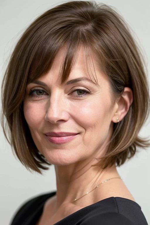 A woman over 50 with a layered lob haircut, showcasing volume and movement with sleek, shoulder-length hair.