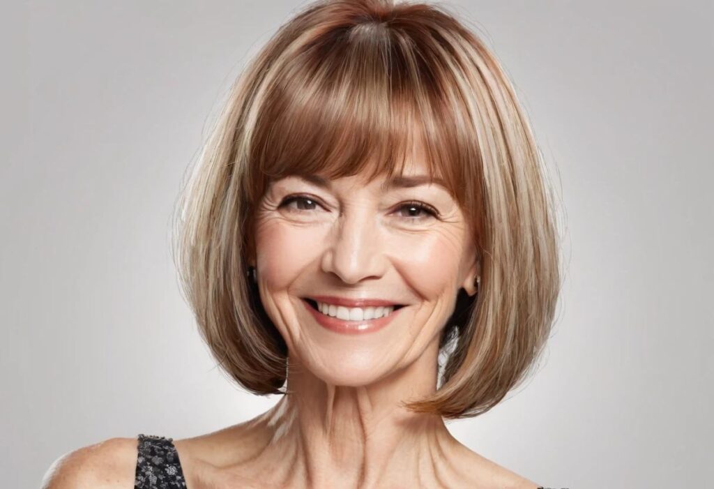 A woman over 50 with a lob and bangs, featuring a modern, layered bob with fringe for a chic look