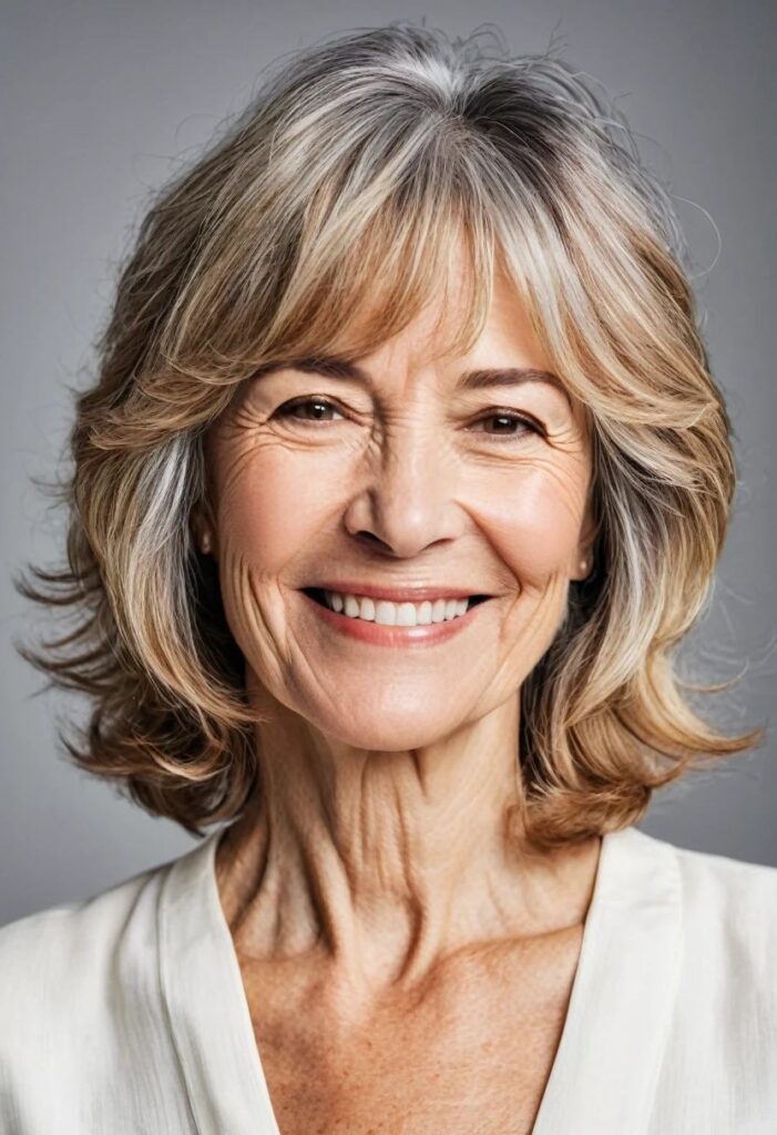 A woman over 50 with a piecey lob and curtain bangs, adding texture and softness to her shoulder-length hairstyle.