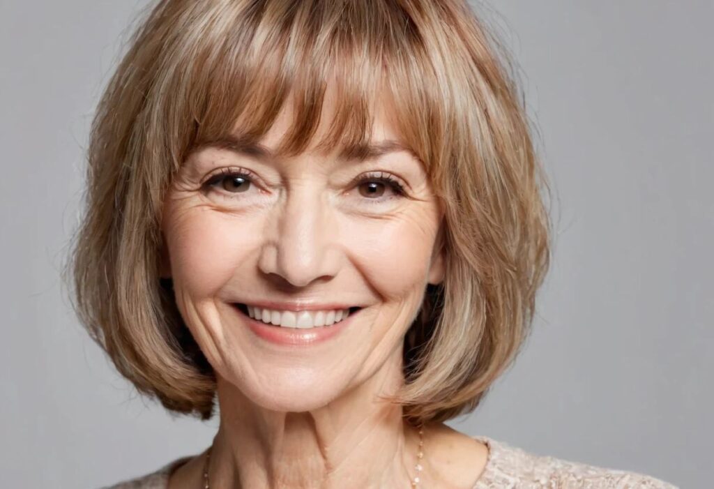 A woman over 50 with a shaggy bob and fringe, featuring textured layers and bangs in her shoulder-length hairstyle.