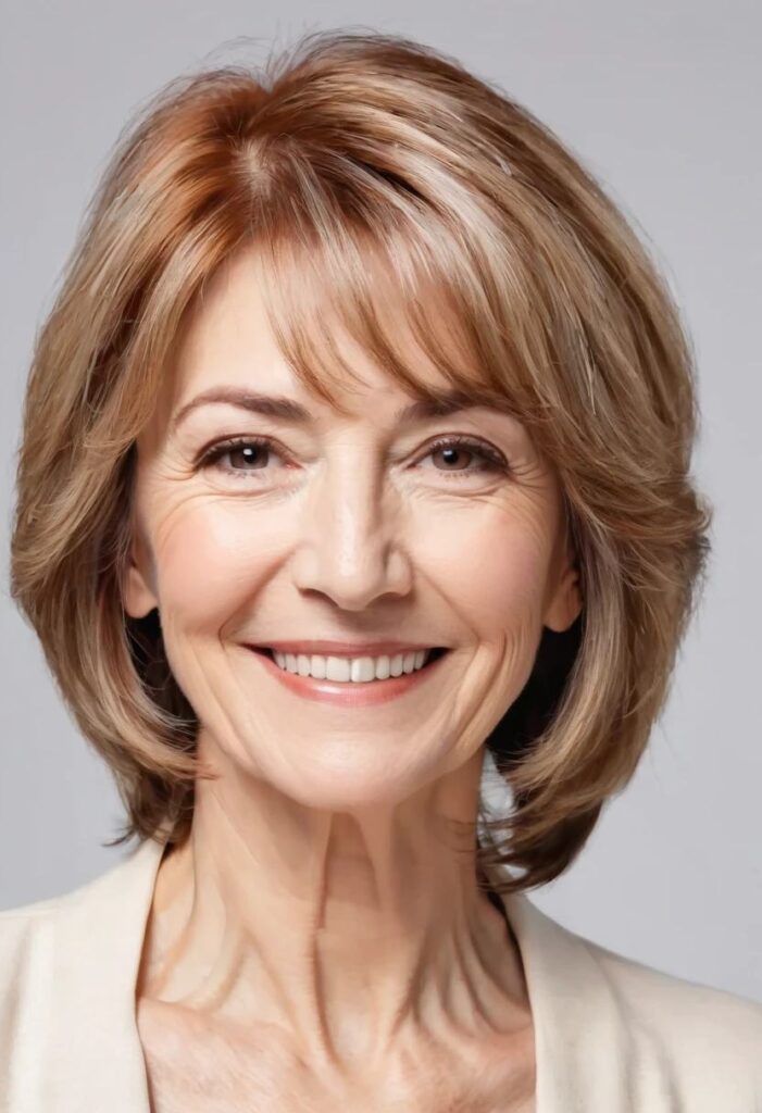 A woman over 50 with a shoulder-length cut and highlights, adding brightness and dimension to her medium-length hair.