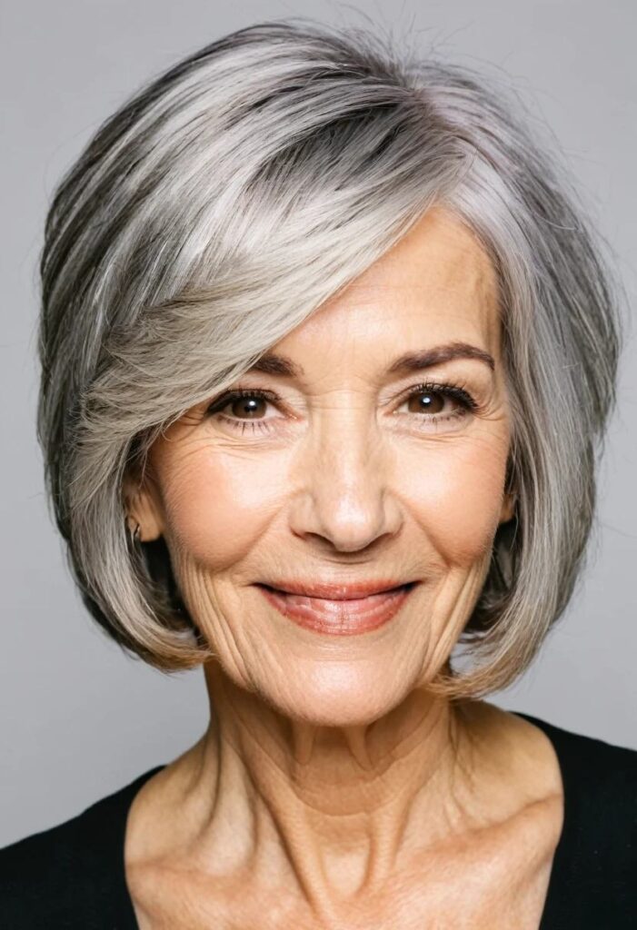 A woman over 50 with a silver layered bob, showcasing layers and texture in her chic medium-length hairstyle.