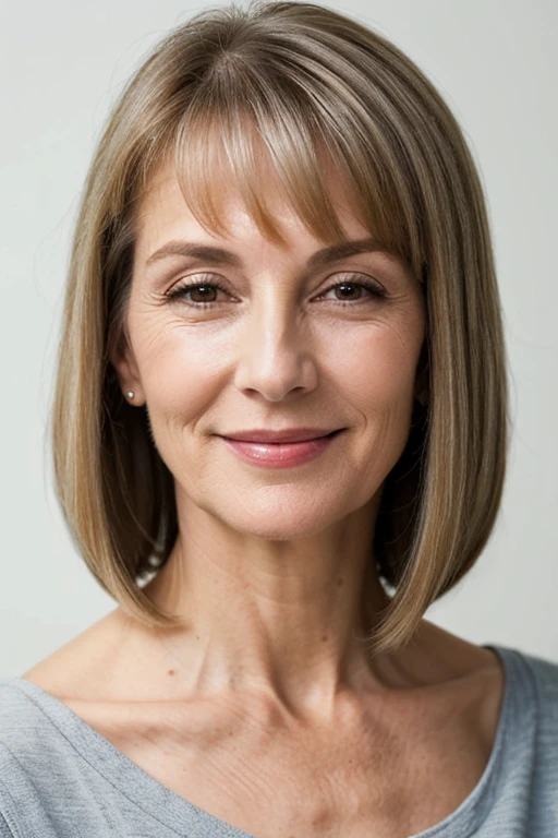 A woman over 50 with a sleek platinum blunt cut, exuding elegance with straight, shoulder-length hair.