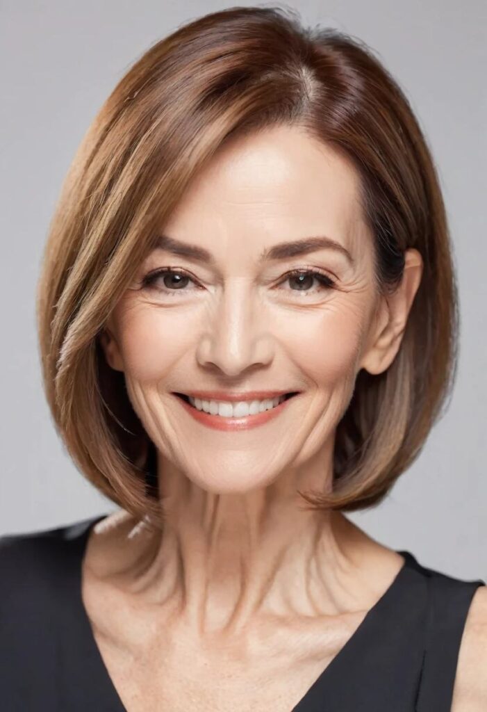 A woman over 50 with a sleek straight cut, offering a polished and sophisticated look with shoulder-length hair.