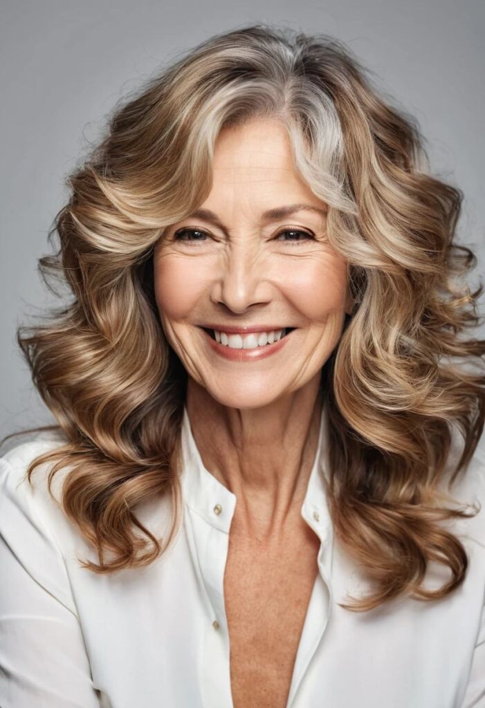 A woman over 50 with a wavy blowout, showcasing voluminous, styled waves in her medium-length hair.