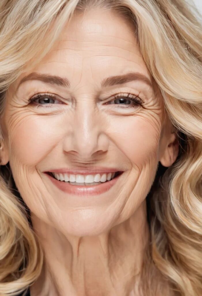 A woman over 50 with face-framing blonde waves, highlighting her features with soft, cascading waves.