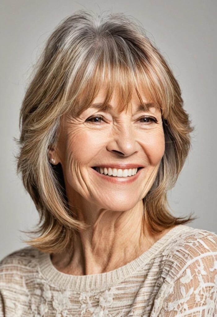 A woman over 50 with feathered layers and bangs, featuring light, airy layers in her shoulder-length hairstyle