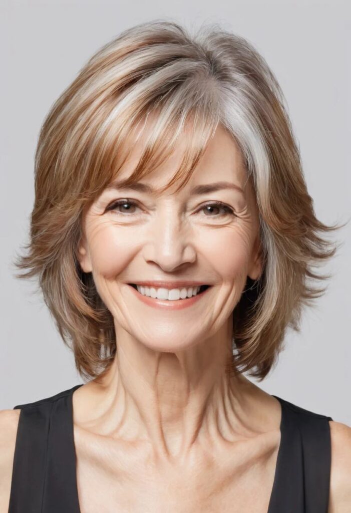 A woman over 50 with feathered layers and wispy ends, adding lightness and movement to her shoulder-length hairstyle.