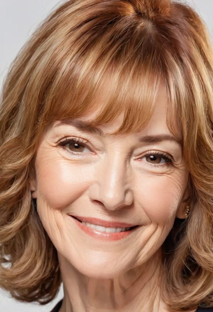 A woman over 50 with honeyed waves and bangs, combining warmth and texture in her shoulder-length hair.