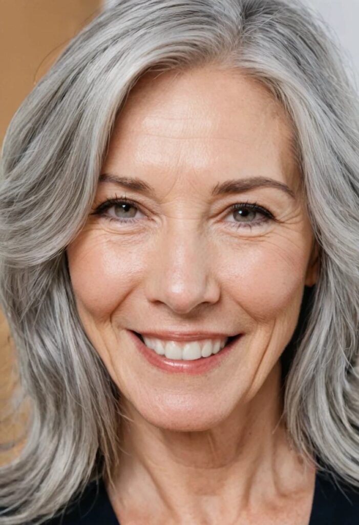 A woman over 50 with long silver layers, adding elegance and movement to her medium-length hairstyle