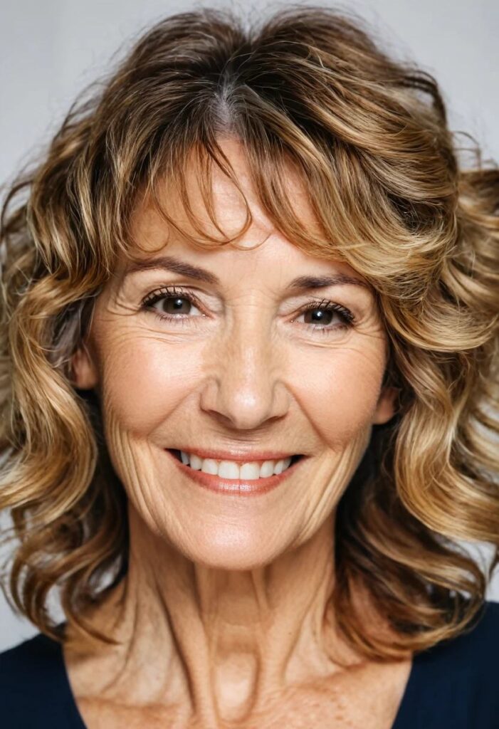 A woman over 50 with medium-length wavy hair and highlights, enhancing her look with soft, natural waves.