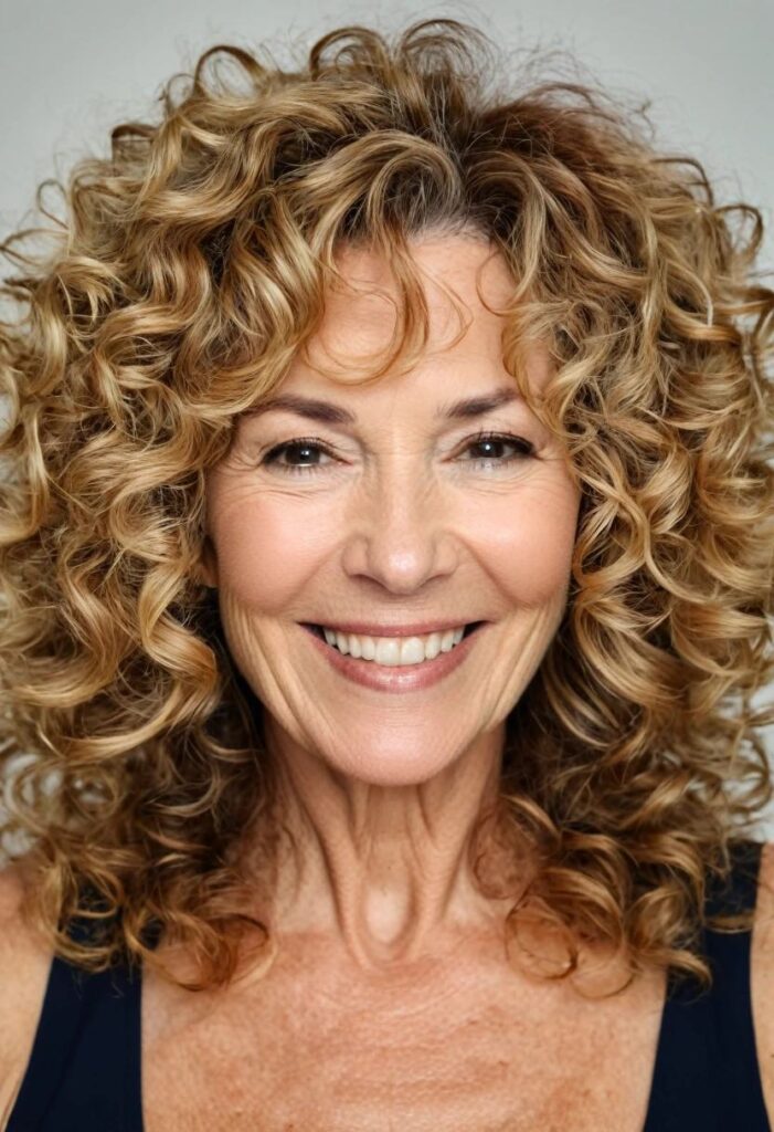 A woman over 50 with natural voluminous curls, embracing her medium-length curly hair with fullness and bounce.