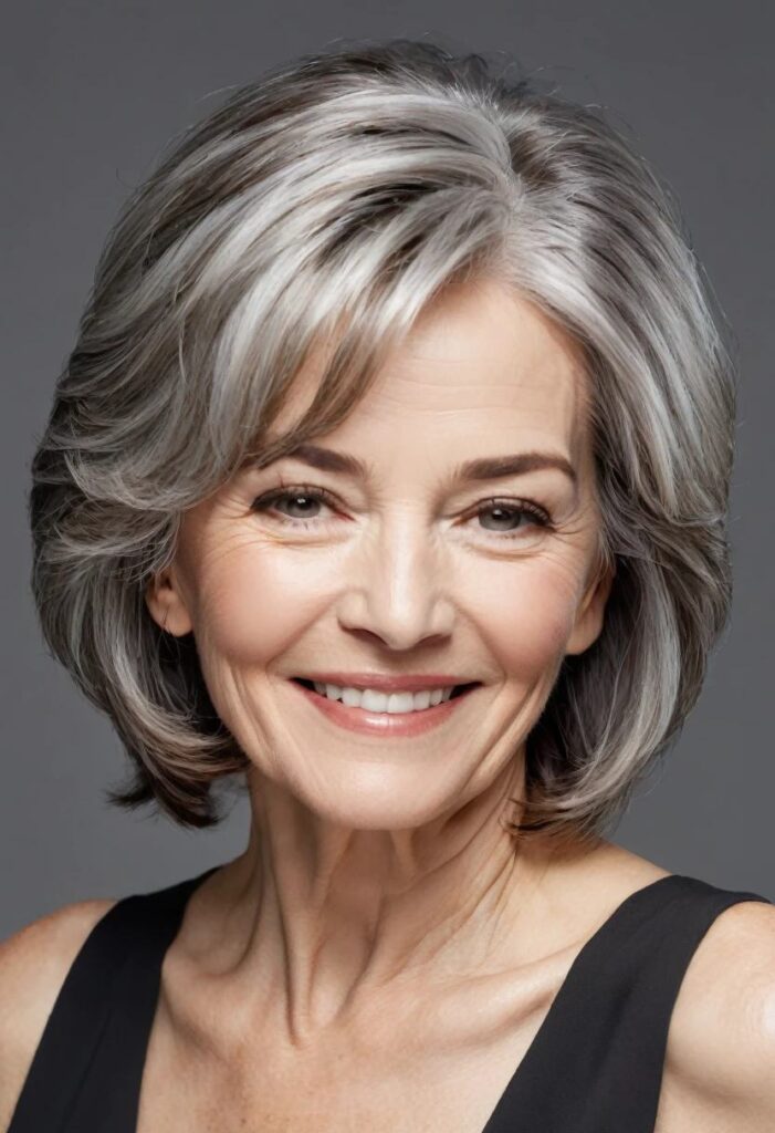 A woman over 50 with salt and pepper layers, showcasing a sophisticated mix of gray and dark tones in her medium-length hair.