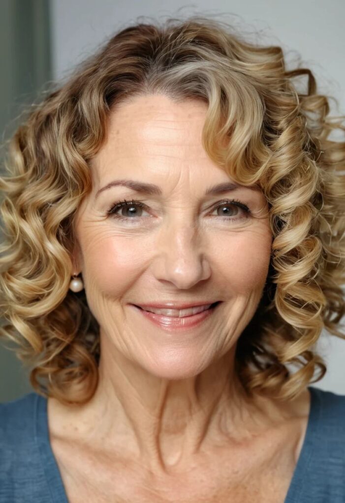 A woman over 50 with soft shoulder-length curls, adding a gentle, feminine touch to her hairstyle.