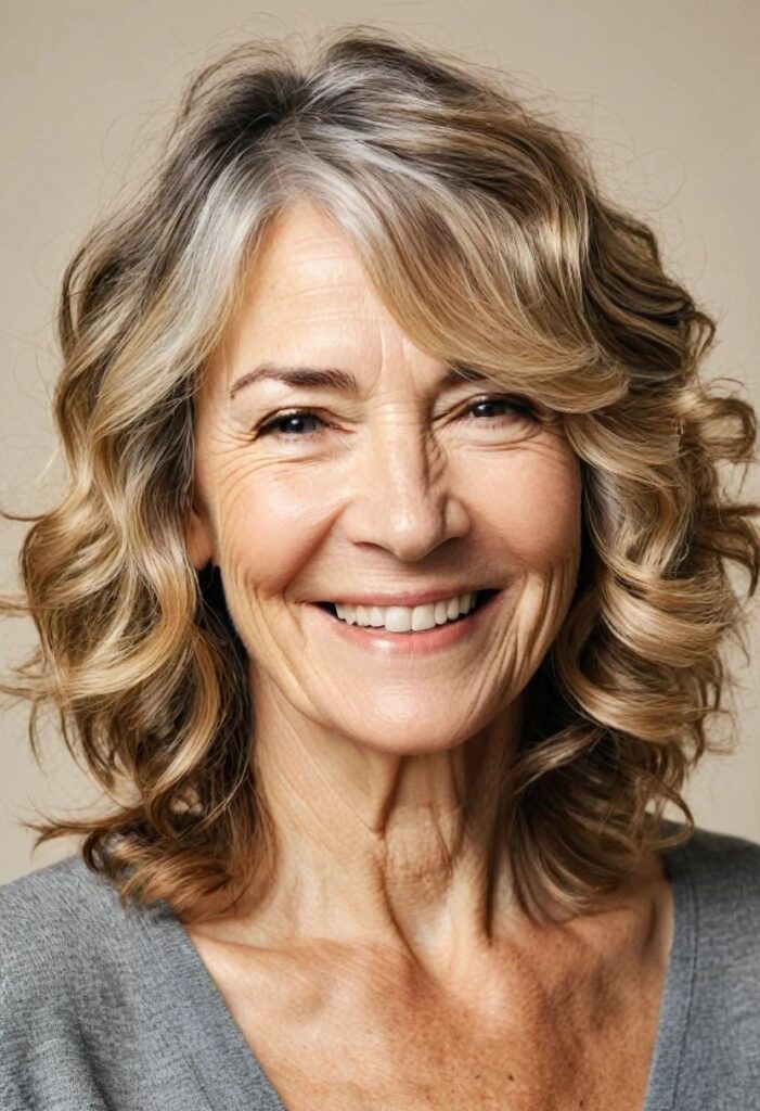 A woman over 50 with soft textured waves, creating a natural, relaxed style with her shoulder-length hair.