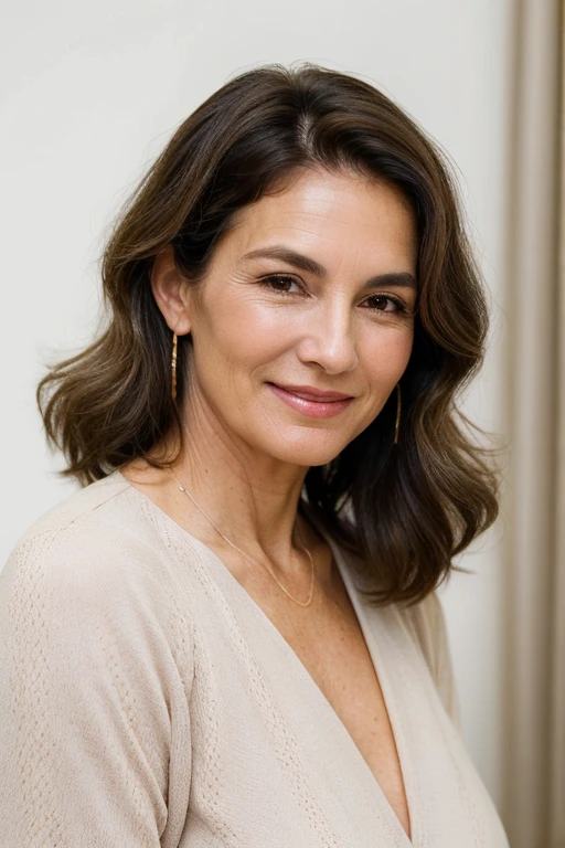 A woman over 50 with soft textured waves, giving her shoulder-length hair a relaxed and natural look.