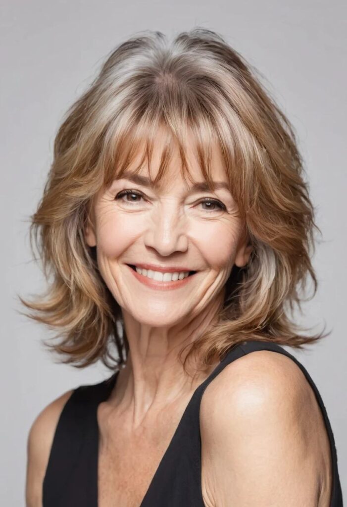 A woman over 50 with tousled fringe layers, adding texture and a carefree look to her shoulder-length hair.