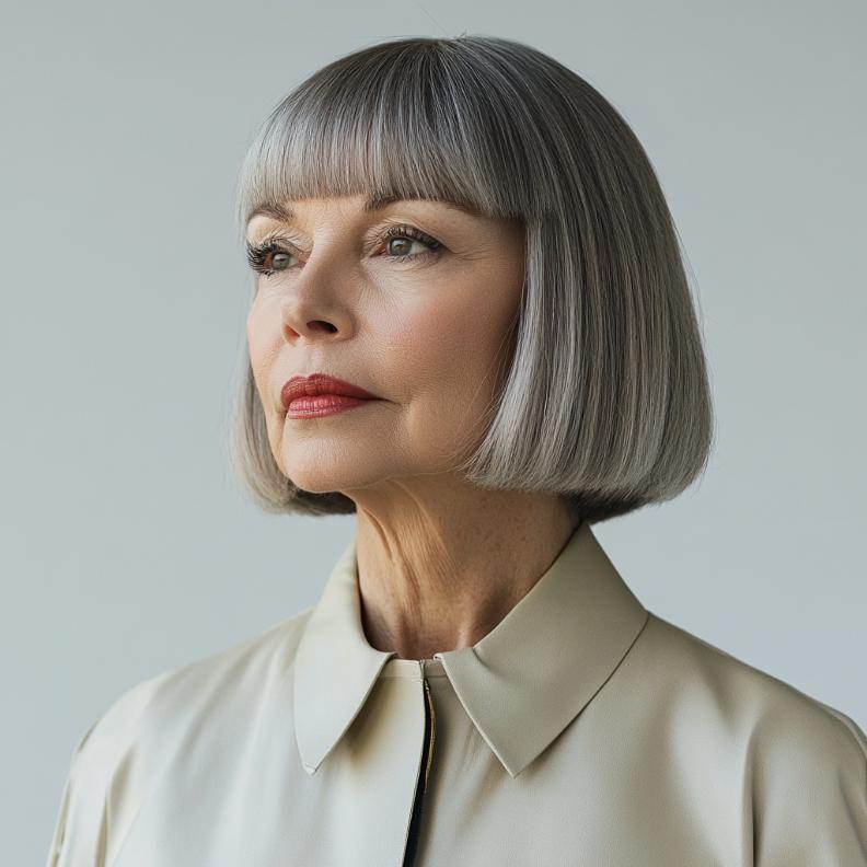 A woman over 60 with a blunt bob and straight-across bangs, offering a bold and structured look.