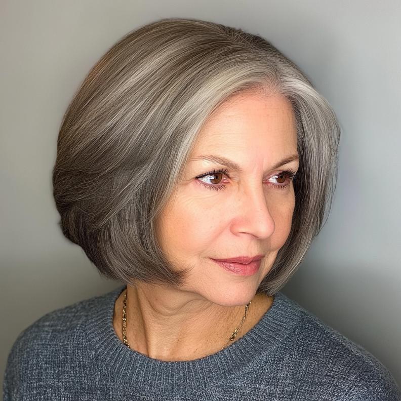 A woman over 60 with a chin-length bob, providing a classic and elegant frame for her face.