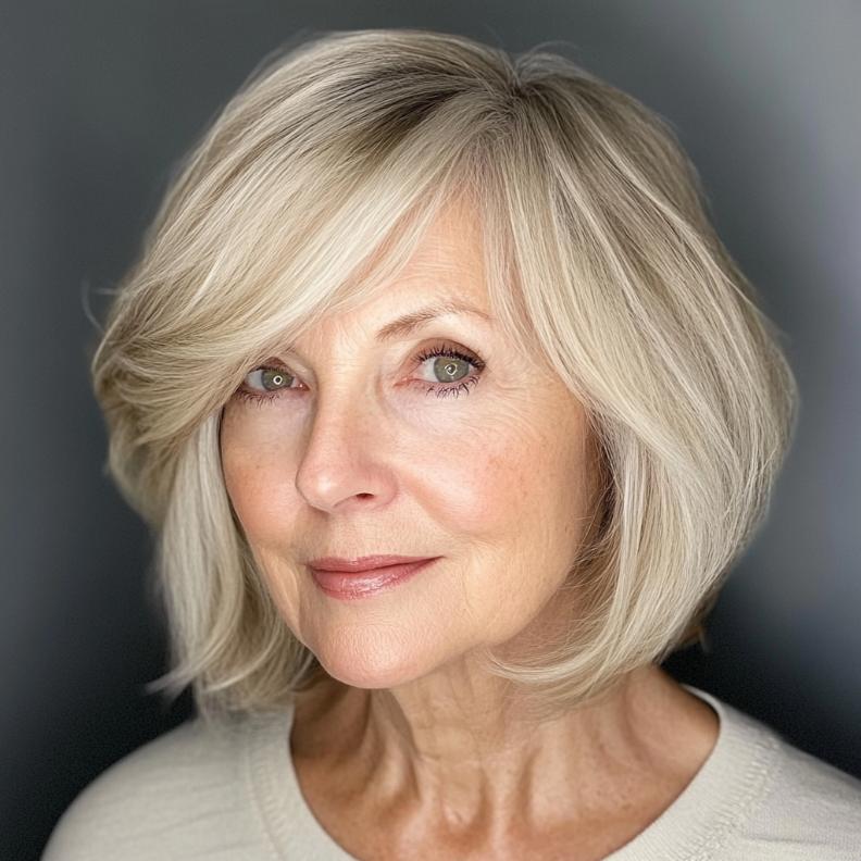 A woman over 60 with a classic bob and curtain bangs, adding a soft and romantic touch to her look.