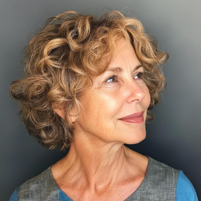 A woman over 60 with a curly bob hairstyle, her curls adding a lively and youthful touch.