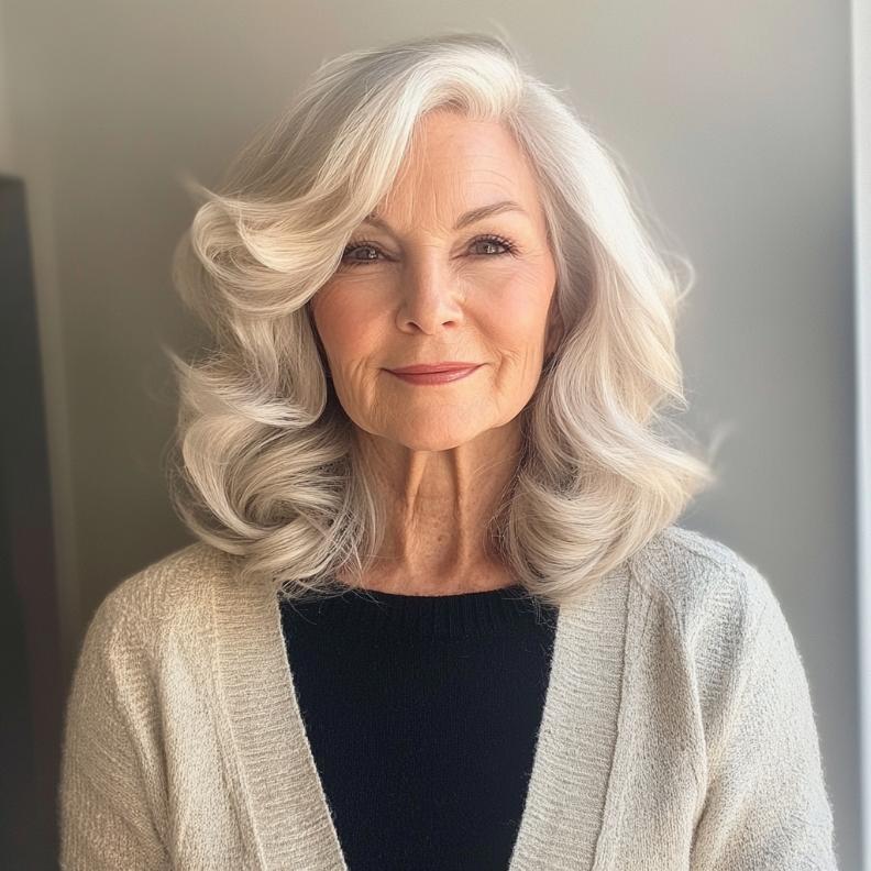 A woman over 60 with a long bob, styled with soft waves for a graceful and elegant look.