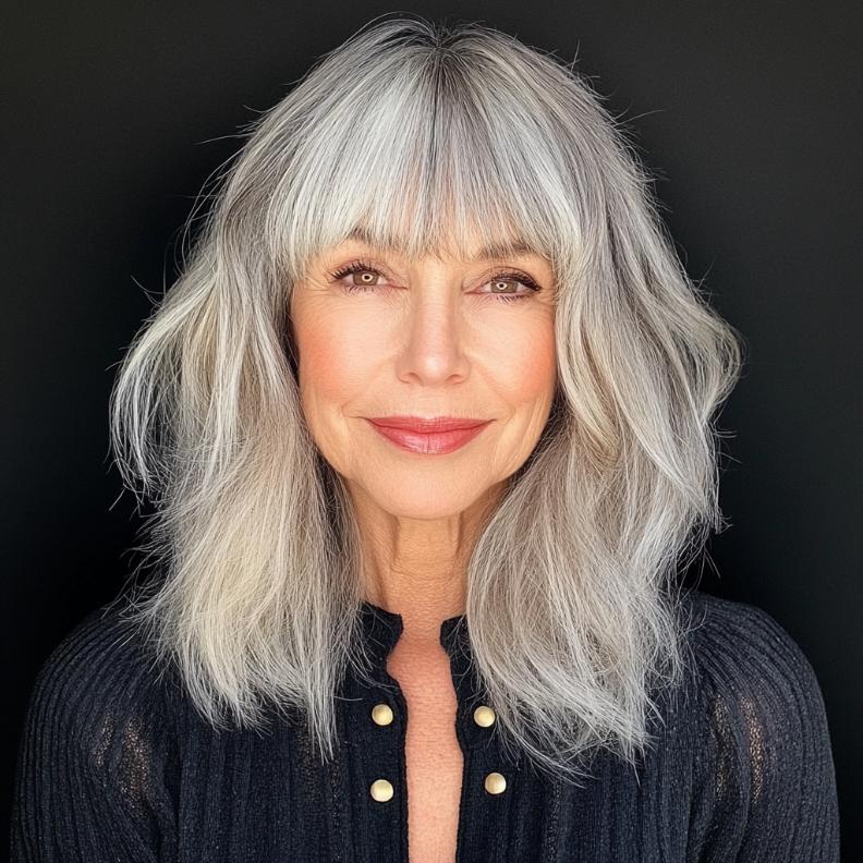 A woman over 60 with a textured lob and soft bangs, giving her hair a full and lively appearance.