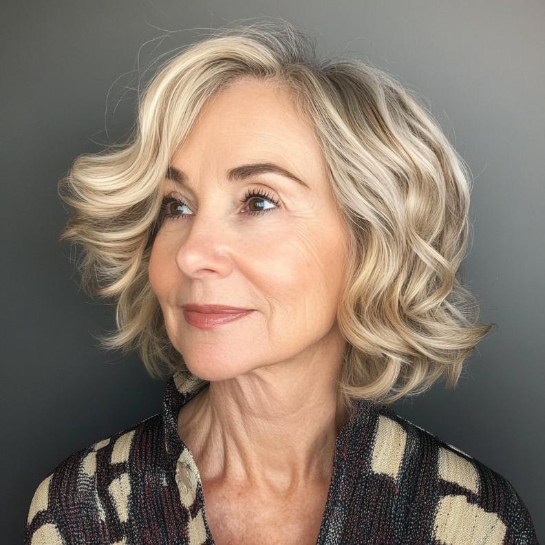 A woman over 60 with a wavy bob, enhanced by subtle highlights that add dimension and brightness.