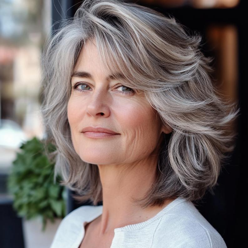 A woman over 60 with feathered layers, giving her hair a light and airy appearance.