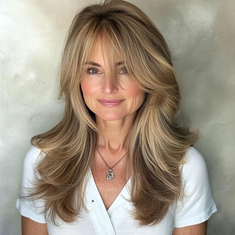 A youthful and flowing hairstyle for women over 40, featuring long layers that cascade beautifully with soft, face-framing curtain bangs.