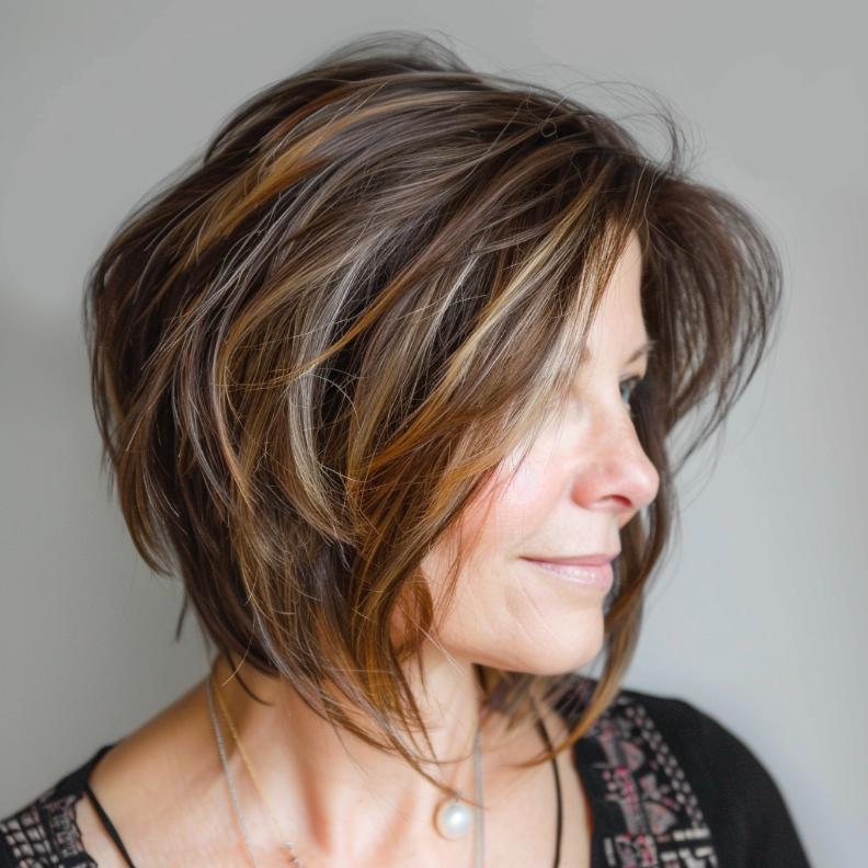 An Angled Bob with Volume for Women Over 40 with Thick Hair, providing a bold, dynamic look with added height.