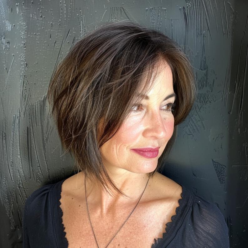 An Asymmetrical Bob for Women Over 40 with Thick Hair, featuring a bold, uneven cut for a contemporary, edgy look.