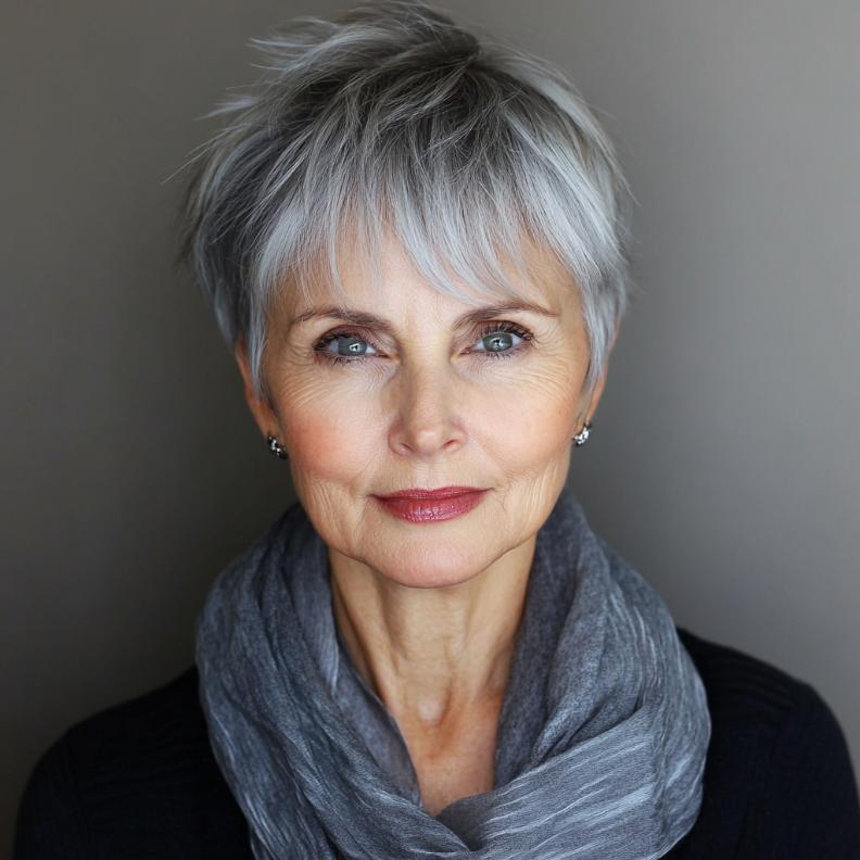 An Edgy Pixie with long, dramatic bangs, a bold short hairstyle for women over 70.