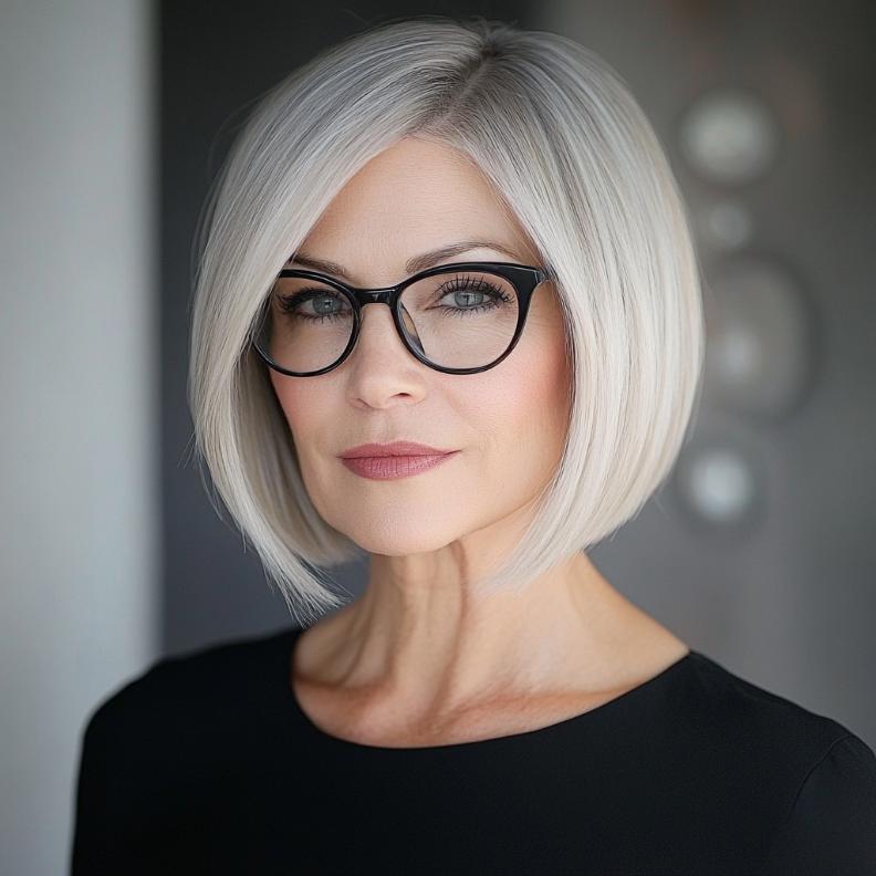 An angled bob, a sleek and modern short hairstyle for women over 50 with glasses, creating a sharp and stylish appearance.