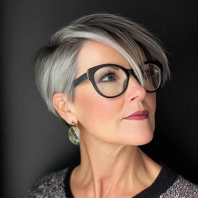 An asymmetrical cut with one side longer, adding a bold and modern edge to women over 40 with glasses.