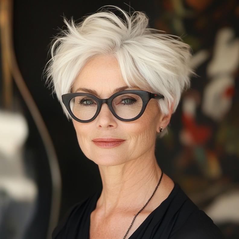 An asymmetrical pixie cut, a bold short hairstyle for women over 50 with glasses, offering a contemporary and fashionable edge.