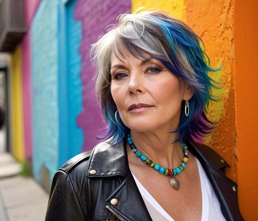 An asymmetrical shag haircut with edgy choppy layers, providing a bold and contemporary style for women over 50.