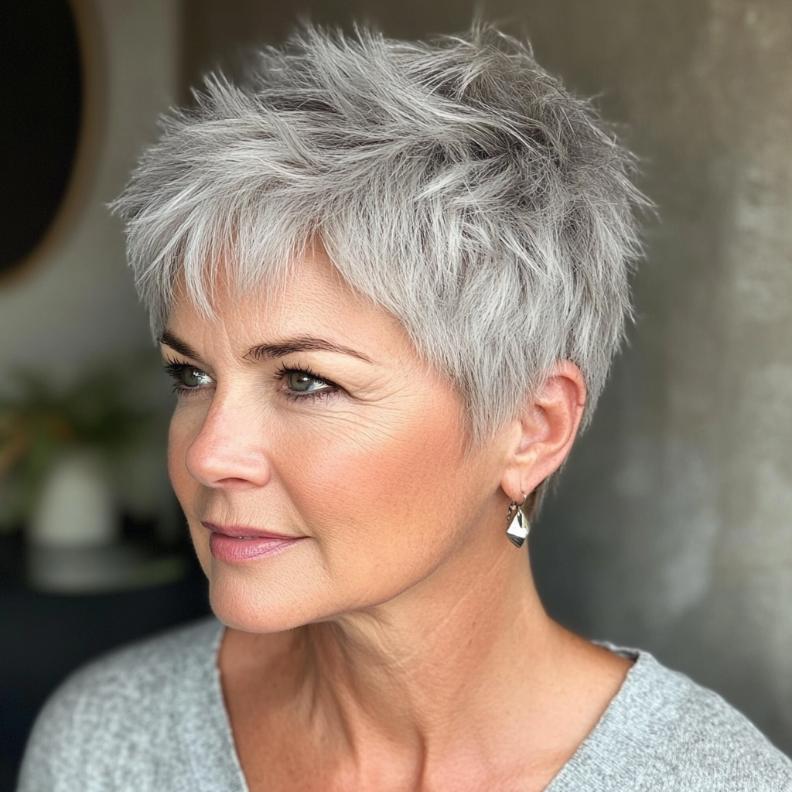 An edgy gray short cut with soft spikes for women over 50, providing a fun and contemporary look.