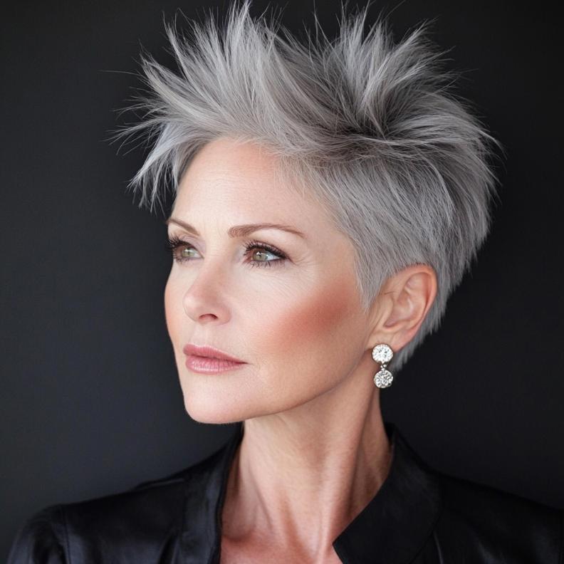 An edgy gray short spiky cut for women over 50, perfect for those looking for a bold and modern style.