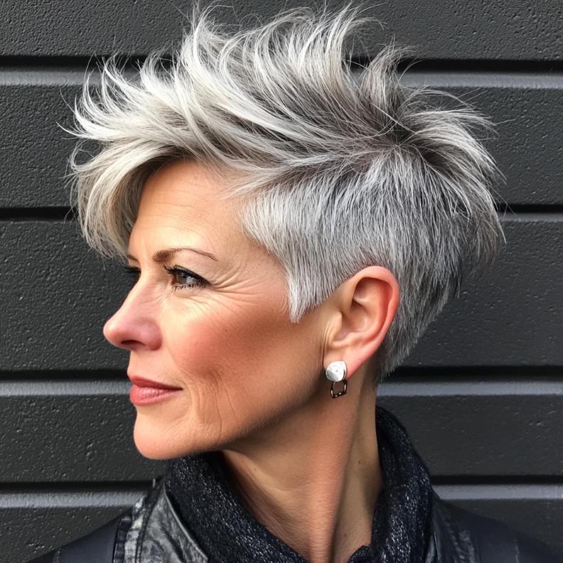 An edgy gray textured pixie with an undercut for women over 50, offering a mix of softness and boldness.