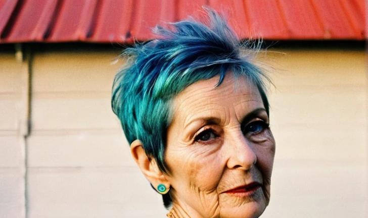 An edgy older woman with a pixie cut featuring a unique shaved design on the sides.