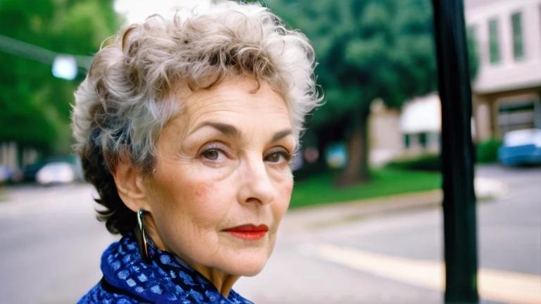 An elderly woman with naturally curly hair styled in a short, bouncy pixie cut.