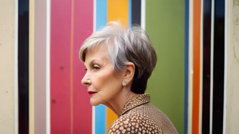 An elegant older woman with a pixie cut featuring feathered layers for a light look.