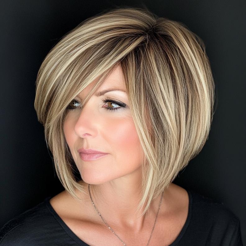 An eye-catching asymmetrical bob for women over 40, complemented by side bangs that create a modern and edgy silhouette.