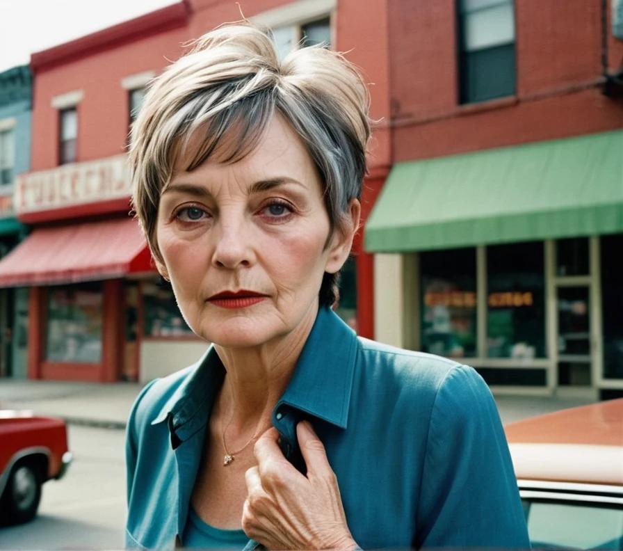 An older woman with a choppy pixie cut, featuring uneven layers for a modern, edgy appearance.