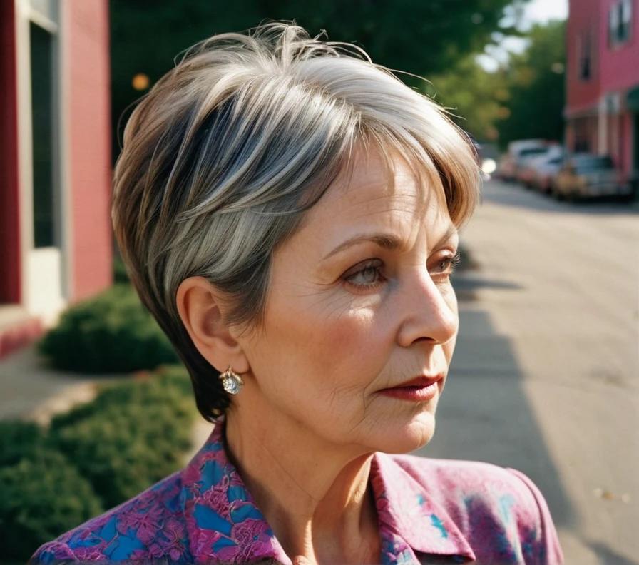 An older woman with a pixie cut, accentuated by highlights that add depth and dimension to her hairstyle.